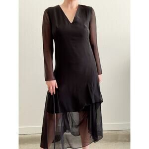 Akris 100% Mulberry Silk Sheer Long Sleeve Layered Midi Dress Black Size 10